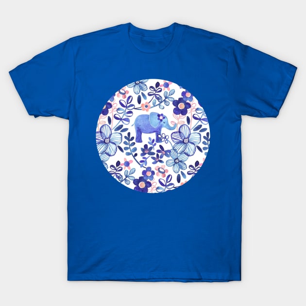 Pale Coral, White and Purple Elephant and Floral Watercolor Pattern T-Shirt by micklyn